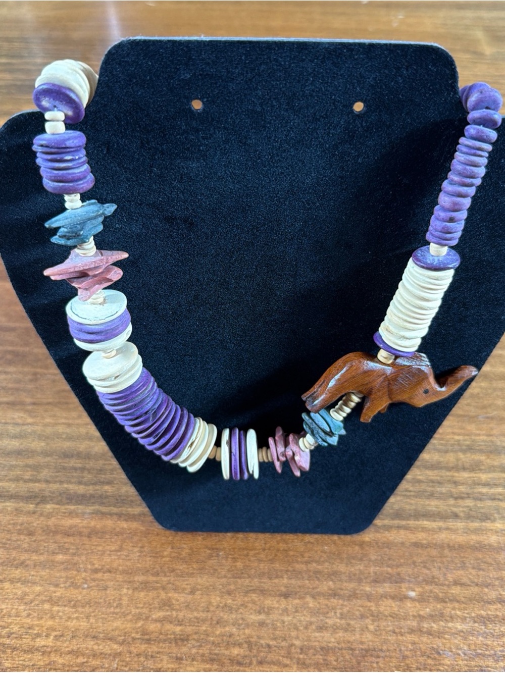 Handcrafted Wooden Vintage Purple & Cream Elephant Bead Necklace